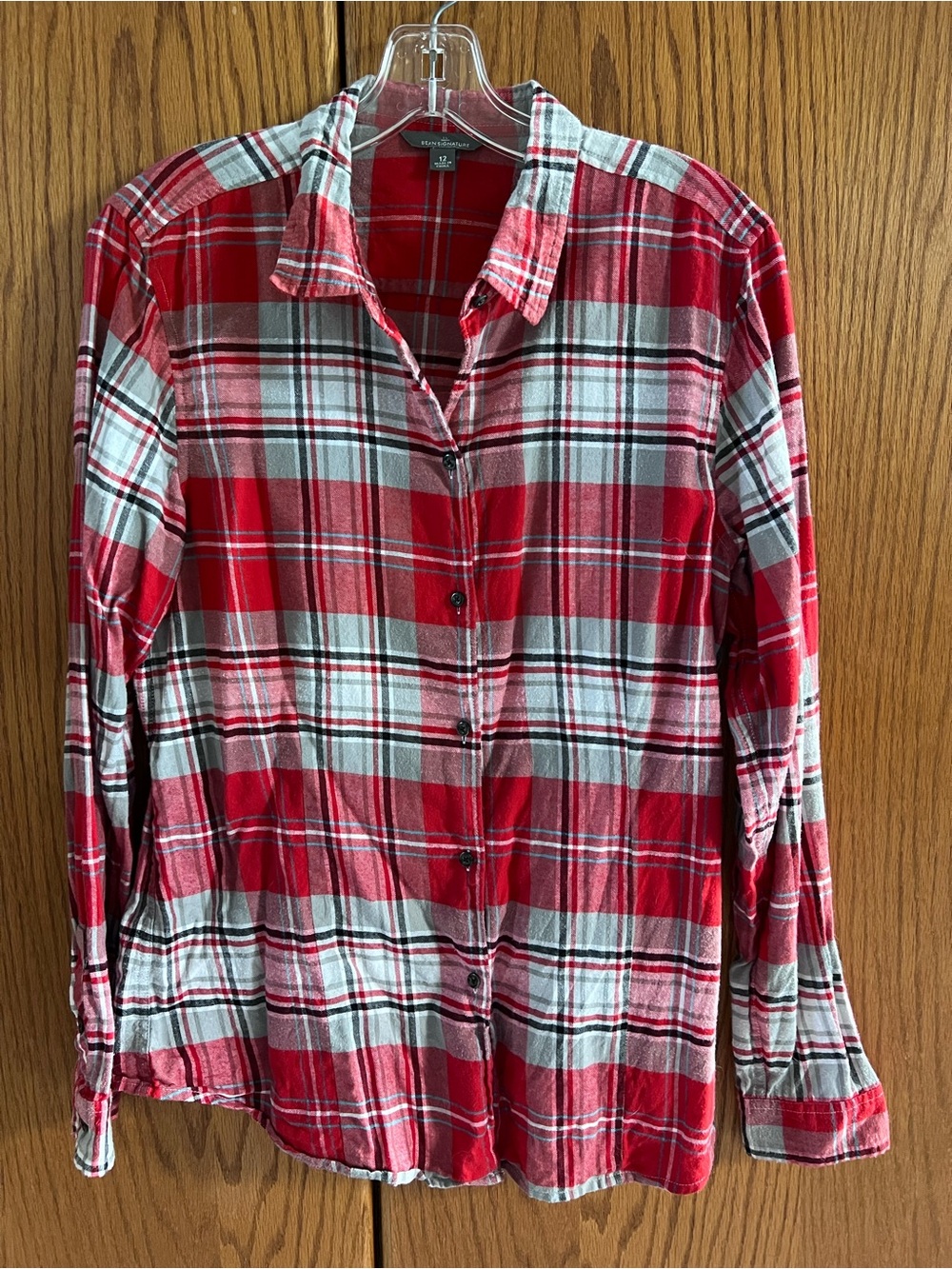 L.L.Bean Signature Red, White & Gray Plaid Lightweight Flannel Shirt
